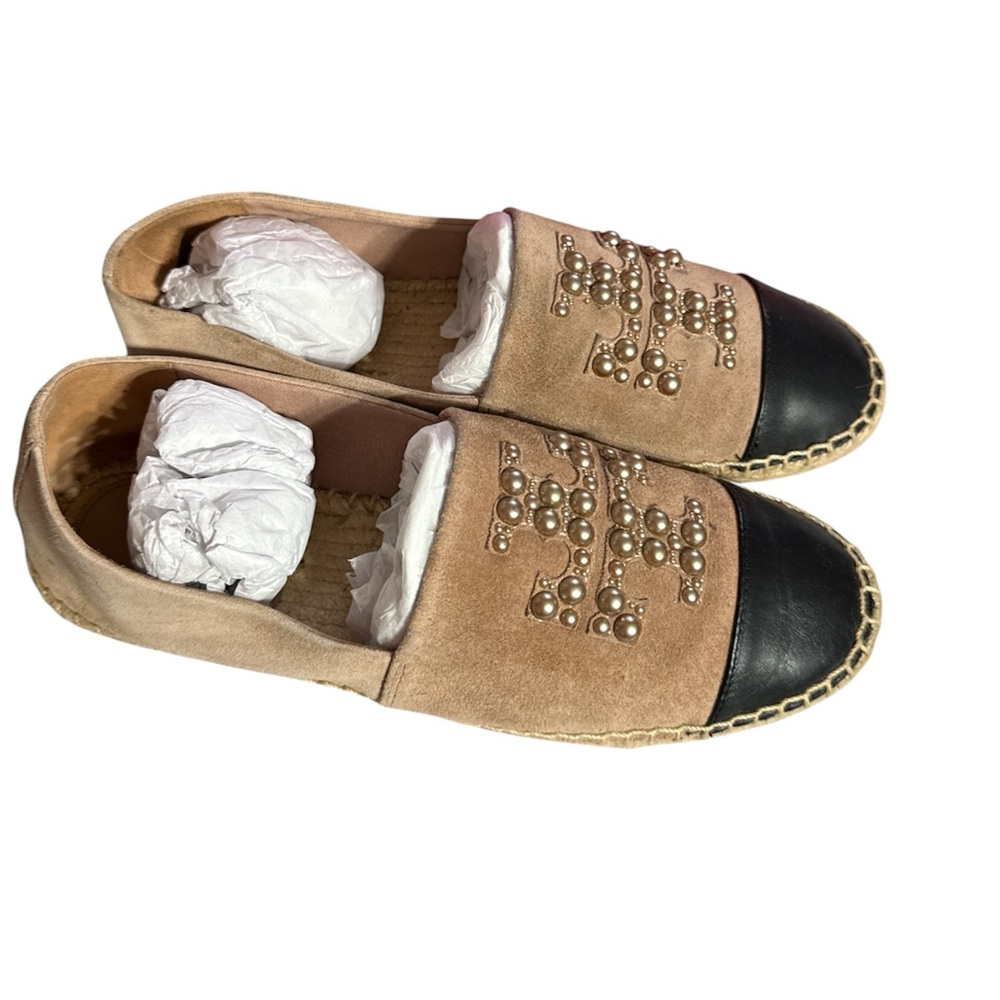 TORY BURCH Pearl Logo Flat Espadrille Suede-MEADOWSWEET Sz 9 - Picture 4 of 6